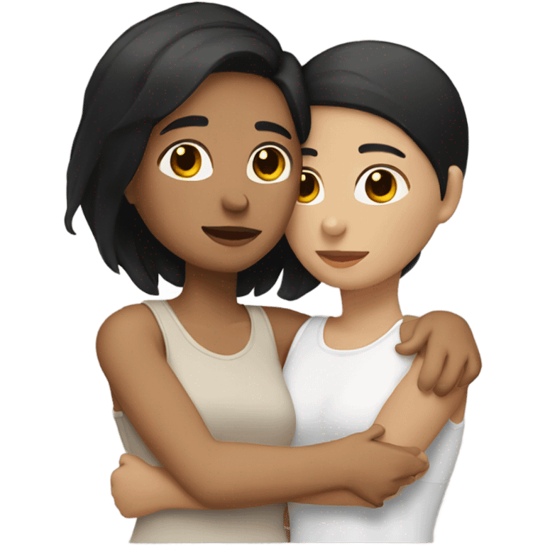 A lesbian couple with white skin and short black and brown hair hugging intimately emoji