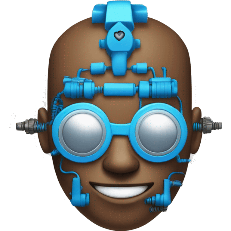 Brown cyborg head with blue Mohawk, blue beard, silver steampunk monocle goggles a smile and circuits emoji