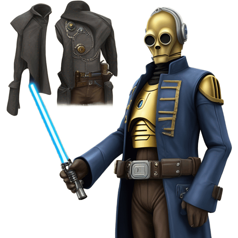 mean bounty hunter tarnished undercover tough well-equipped Jedi  life-sized darkblue-pearl C3po leather vest clothing pants and vest old west duster coat holding light saber sheriff holstered gun emoji