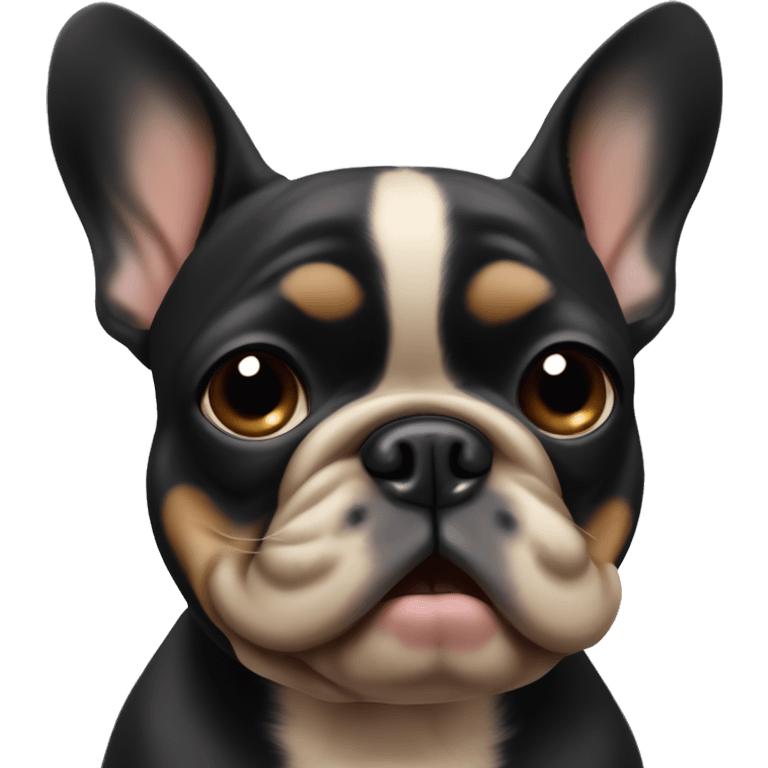 A small, black-and-tan French bulldog with a mostly black face and tan paws, tilting its head slightly with wide, puzzled eyes and a slightly furrowed brow, perhaps with a small question mark near its head emoji