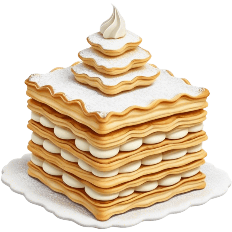 Cinematic Realistic Mille-Feuille Dessert Emoji, depicted as layered puff pastry with rich cream and a dusting of powdered sugar rendered with intricate textures and elegant, soft lighting. emoji