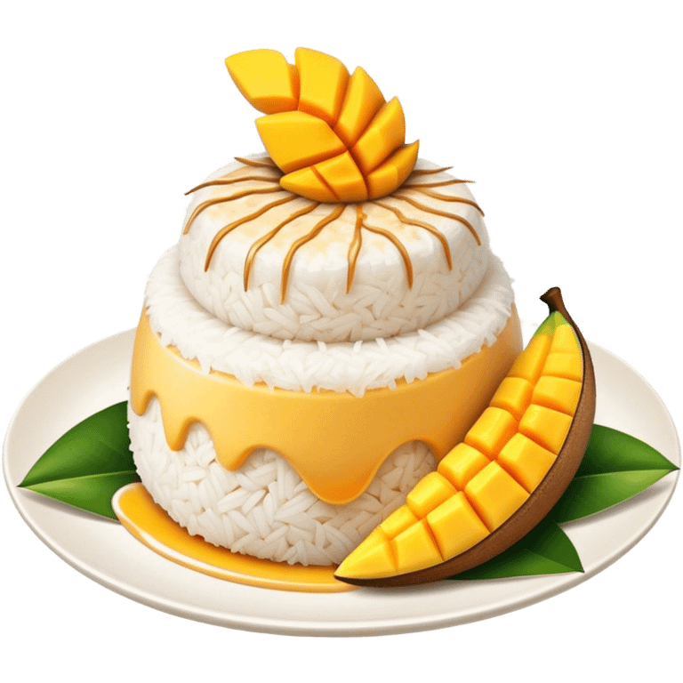 Mango Sticky Rice Cinematic Realistic Mango Sticky Rice Dessert Emoji, depicted as sticky rice drizzled with coconut milk topped with a layer of coconut cream, accompanied by sliced mango on the side of the plate, rendered with vivid textures and warm, tropical lighting. emoji