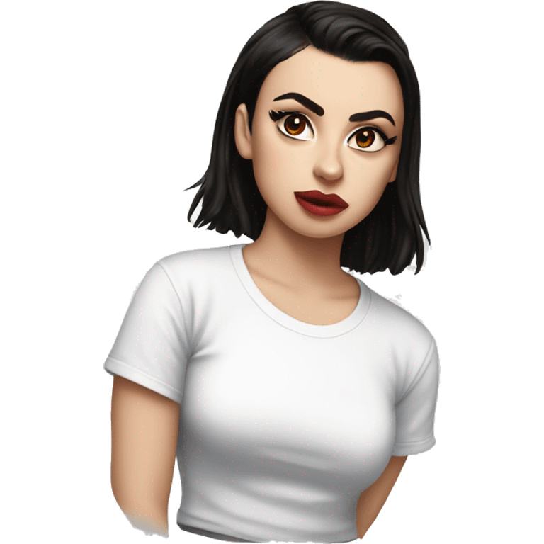 Charli XCX with a WHITE t-shirt that says "Brat" emoji