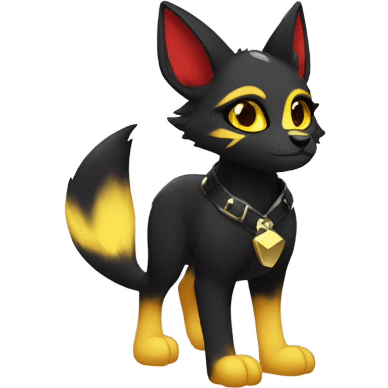 black Shiny Fionbri-Falvie-sparkle-sona with yellow eyes, red edgy markings full body fursona emoji