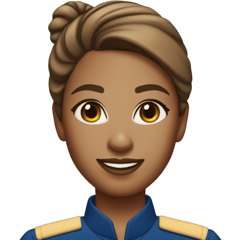 light brown skin flight attendant with brown hair in a bun blue uniform emoji