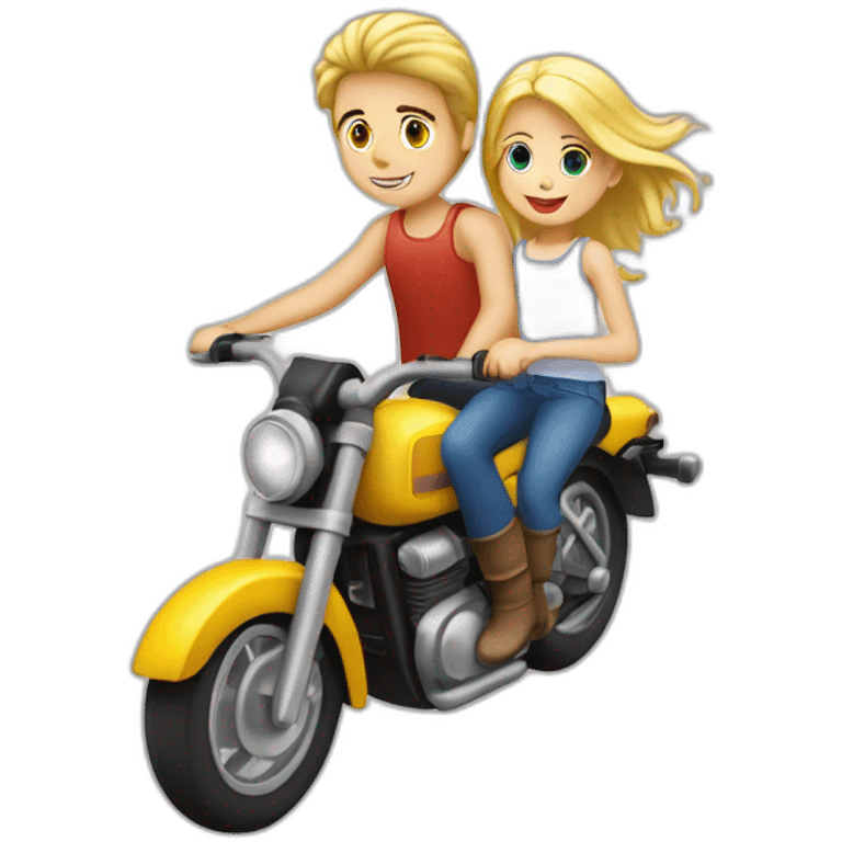 Garçon blond + fille blonde à l'arrière sur une moto duccati emoji