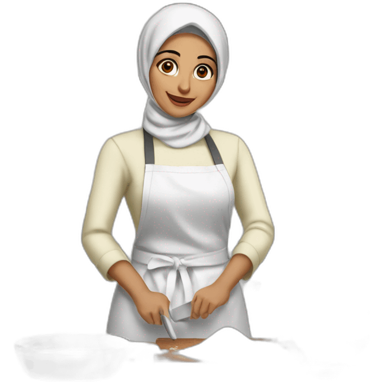 A fair skinned Hijabi Muslim woman wearing a white apron, mixing cake batter, standing behind a messy, kitchen, counter top with the ingredients on the table emoji