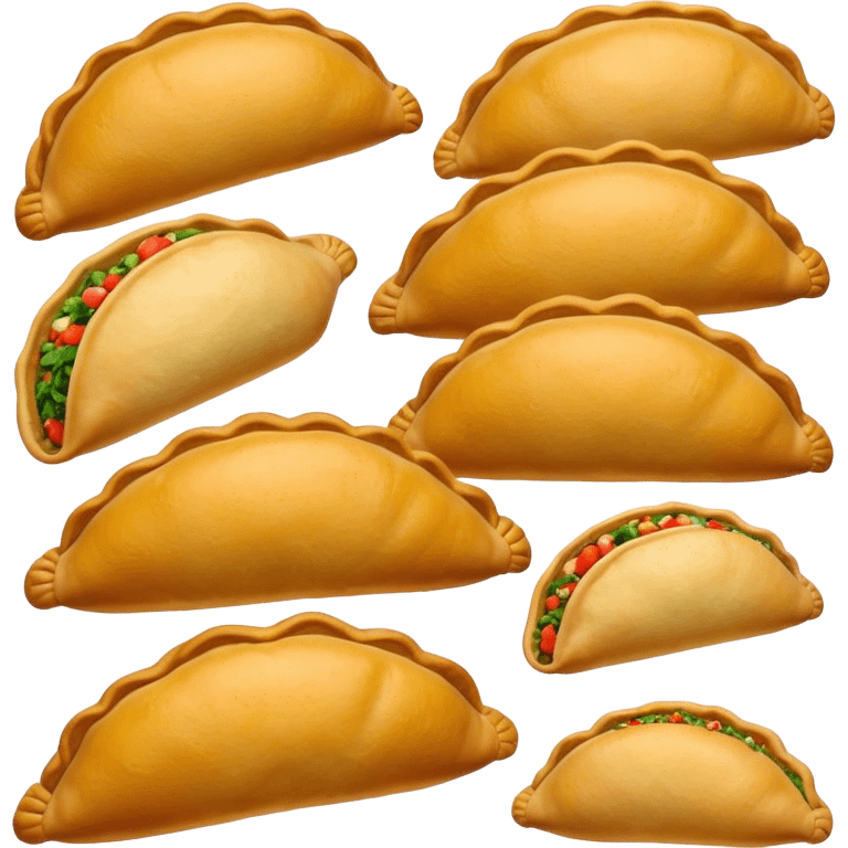 Empanadas Cinematic Realistic Empanadas Dish Emoji, depicted as crispy, golden empanadas made with cornmeal and filled with savory ingredients, rendered with rich textures and vibrant, appetizing lighting. emoji