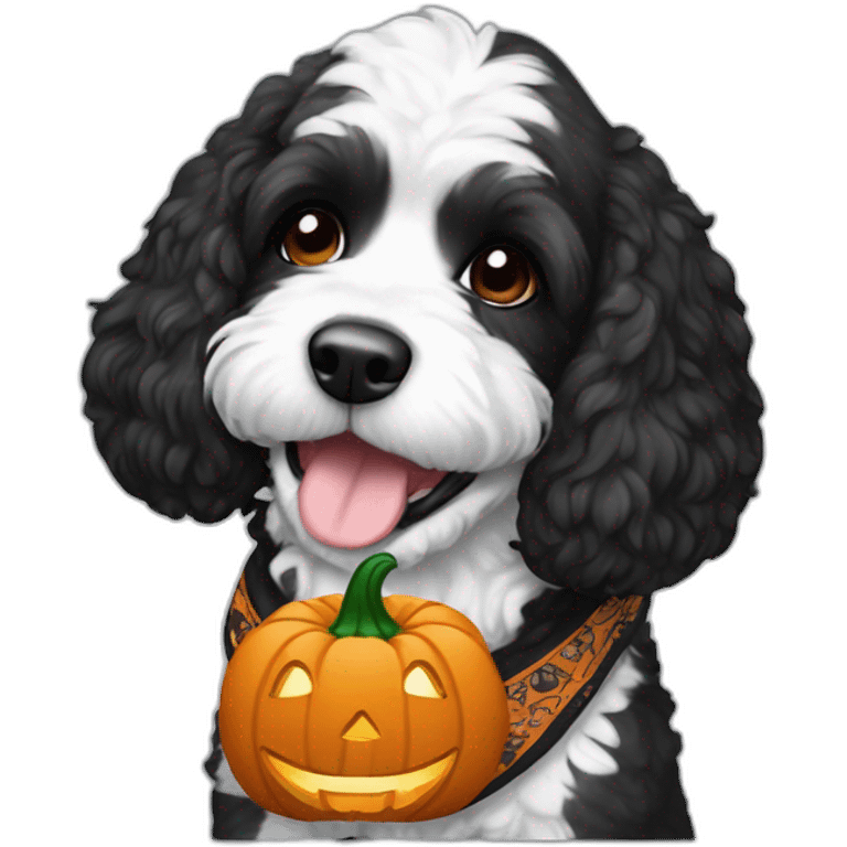 happy black and white cockapoo with a pumpkin and fall bandana emoji