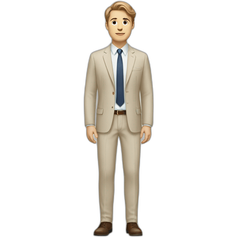 white guy in beige suit with brown hair and white shoes and a white gray pants emoji