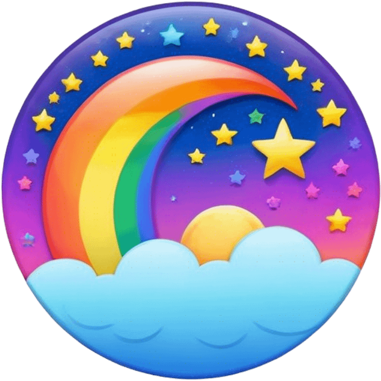 A round psychedelic colored button with rainbow colored moon and stars in the center emoji