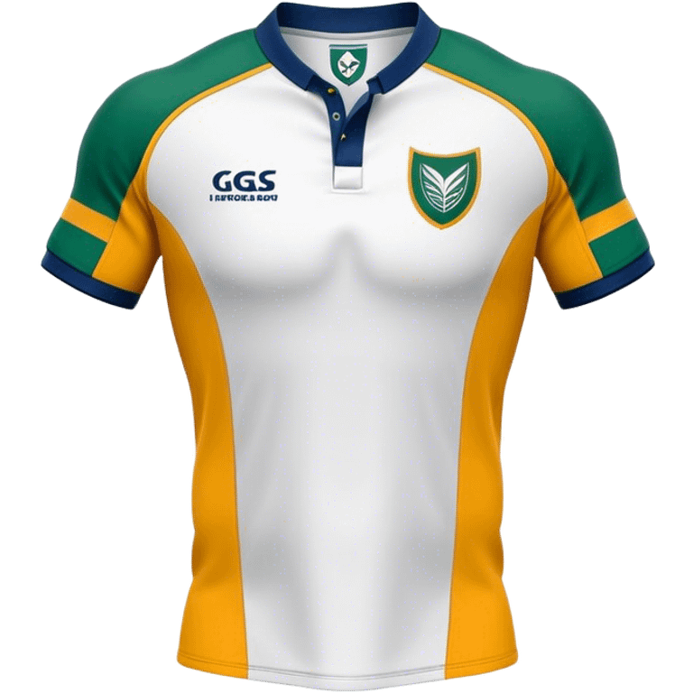 Cinematic Realistic image of a rugby jersey rendered in bold, dynamic team colors with intricately detailed fabric textures and natural creases, illuminated by dramatic stadium lighting emoji