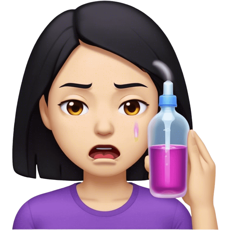 A digitally illustrated emoji-style character of a woman with shoulder-length black hair, wearing a purple shirt. Her expression shows extreme exhaustion or dehydration—her eyes are bloodshot and dry, her tongue is sticking out, and she has a single sweat drop on her cheek. The image has a clean white background emoji