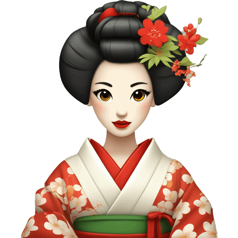 Geisha. kimono rojo. ojos verdes. Cabello castaño claro. ceremonia del té  emoji