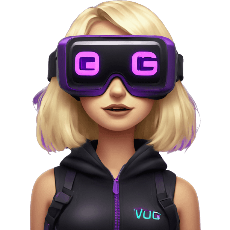 Russian cute blond girl wearing black hoody with violet letters "OMG", in vr headset. Cyberpunk style. Violet neon. emoji