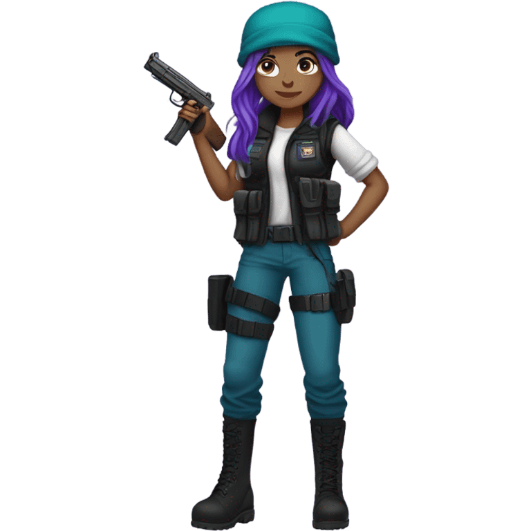 Girl, white skin, tactical vest, dark pants, long teal purple hair, blue eyes, purple beanie hat, gun, black combat boots emoji