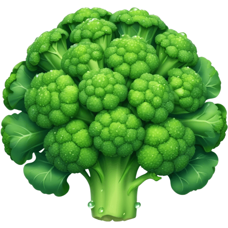 Cinematic lush green broccoli, detailed florets glistening with dewdrops, ultra-fresh and vibrant, soft glowing background, healthy and delicious. emoji