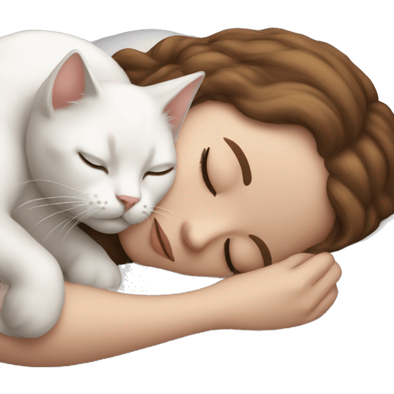 White girl brown hair sleeping with white kitty emoji