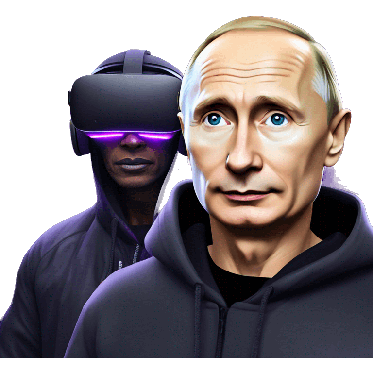 Vladimir Putin wearing a black hoodie with "OMG" letters on it and VR headset oculus quest 2 in a cyberpunk VR environment with violet neon lighting. emoji