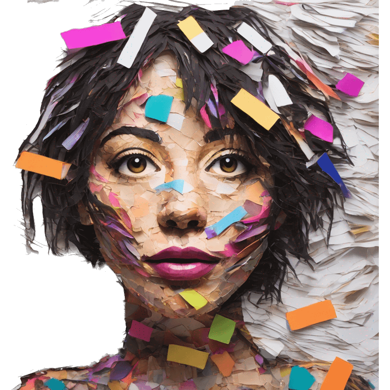 Colourful dark neon graffiti scribble scrapbook patchwork Person face portrait made entirely of multicoloured torn up magazines  emoji