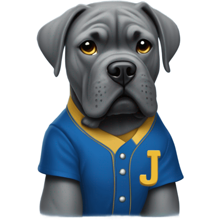 Grey Cane Corso in a blue and gold colored baseball uniform with a monogrammed J. emoji