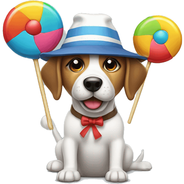 Dog with propeller hat spilling wide with giant lollipop in one hand  emoji