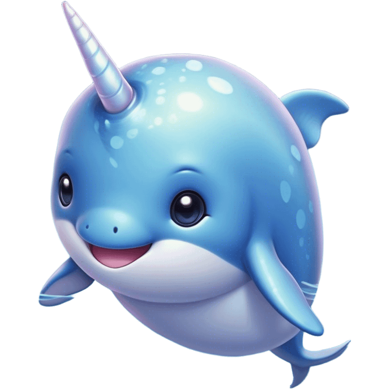 Cinematic Cute Cute Narwhal Portrait Emoji, Head tilted playfully and inquisitively, featuring a charming, sleek body with softly iridescent skin, a prominently spiraled tusk and large, twinkling eyes full of gentle wonder, Simplified yet irresistibly adorable features, highly detailed, glowing with a warm, inviting ocean glow, high shine, affectionate and lively, stylized with a touch of magical sea whimsy, soft glowing outline, capturing the essence of a mischievous yet endearing cute narwhal that seems as if it could frolic out of the screen into your heart! emoji