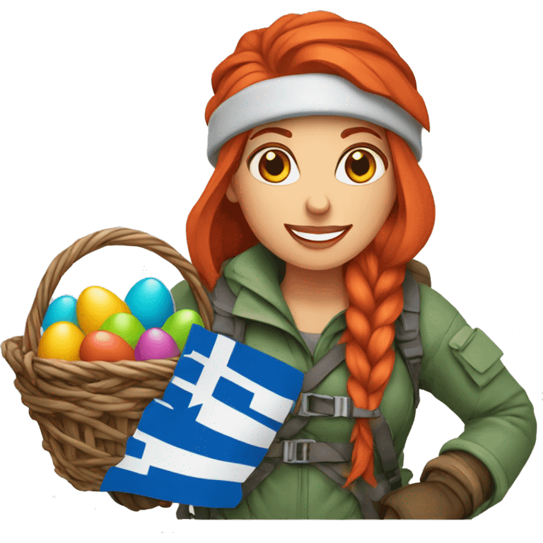 Female winter mountaineer red hair climbing with Greek flag and holding Easter eggs basket emoji