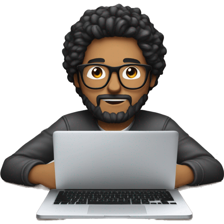 Designer with black hair, beard and glasses working with MacBook and drinking cappuccino ketchup bottle emoji