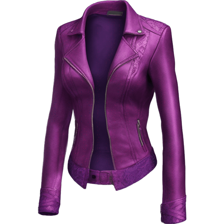 Realistic isolated side view of a metallic magenta open leather jacket with a purple lace camisole underneath it. emoji