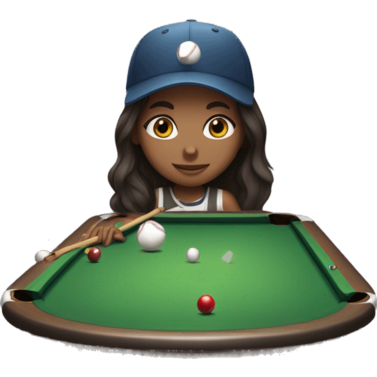 Girl with long dark brown hair and baseball cap playing pool emoji