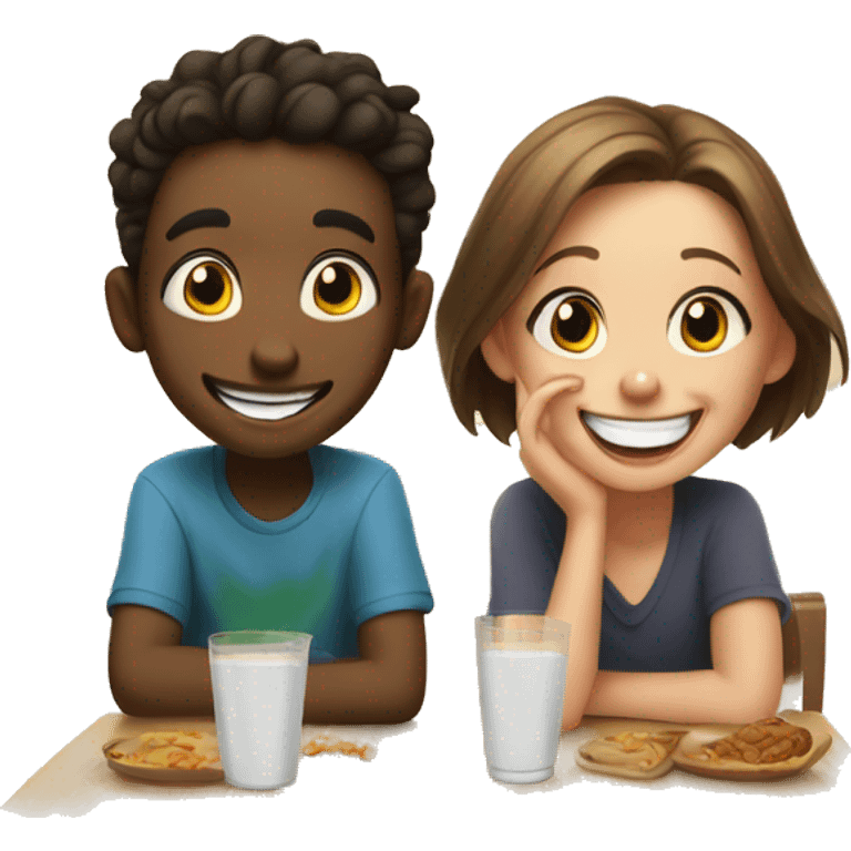 A girl and a boy laugh while sitting at the table without food emoji