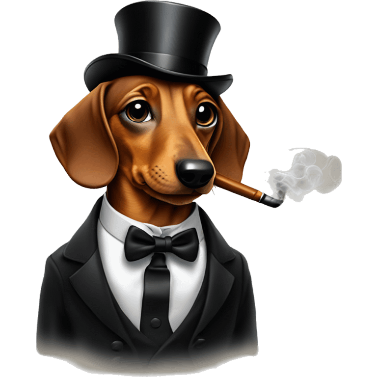 Daschund in a tuxedo smoking a pipe, with a monacle on one eye wearing a tophat emoji