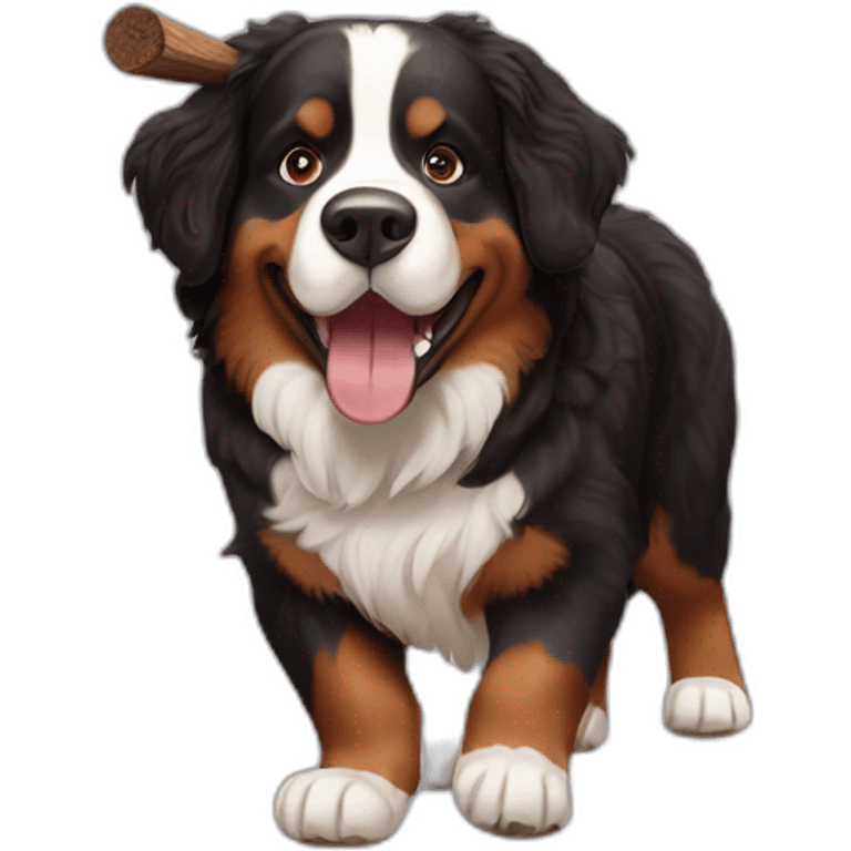 Bernese mountain dog playing with a wood stick and a brown hair womand emoji