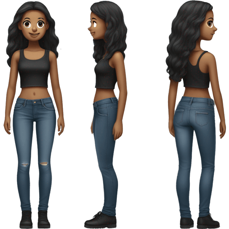 stylish girl in denim jeans, using a black short top. with a realistic nose, and black straight and long hair but no 100% black emoji