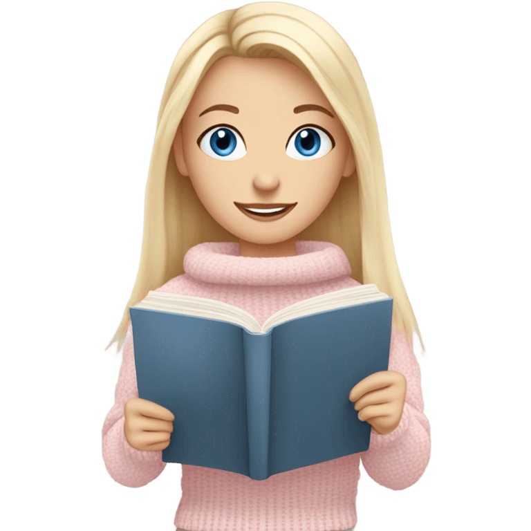 Pretty blue eyed white girl with light pink sweater reading cozy emoji