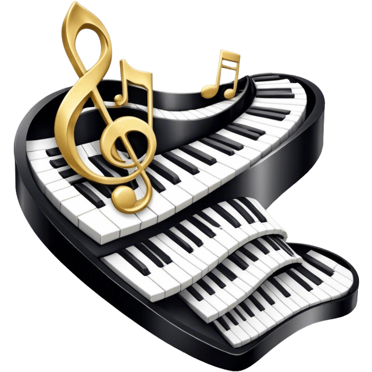 Create a detailed and elegant emoji collage representing keyboard instruments in a celebratory and professional style, reminiscent of a coat of arms. The design should feature a central arrangement of black and white piano keys, forming a symmetrical, powerful image. Around the keys, include a flowing ribbon of musical notes that intertwines with the keys, creating a sense of movement and harmony. Use gold and silver accents to highlight the keys and musical notes, giving the design a festive, high-quality appearance. The design should convey professionalism, elegance, and a sense of occasion. Add subtle reflections on the piano keys to enhance the polished look. The background should be transparent. emoji