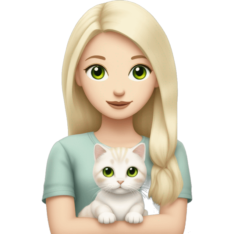 A girl with light blond hair and green eyes is holding a white Scottish Fold cat with green eyes, a pink nose, and folded ears. emoji