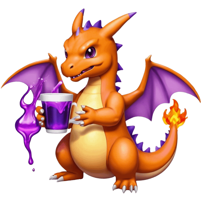 Charizard holding a cup of purple liquid  emoji