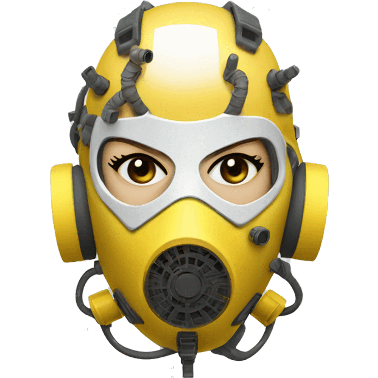 Dark yellow Mohawk female cyborg head with white respirator mask and circuits emoji