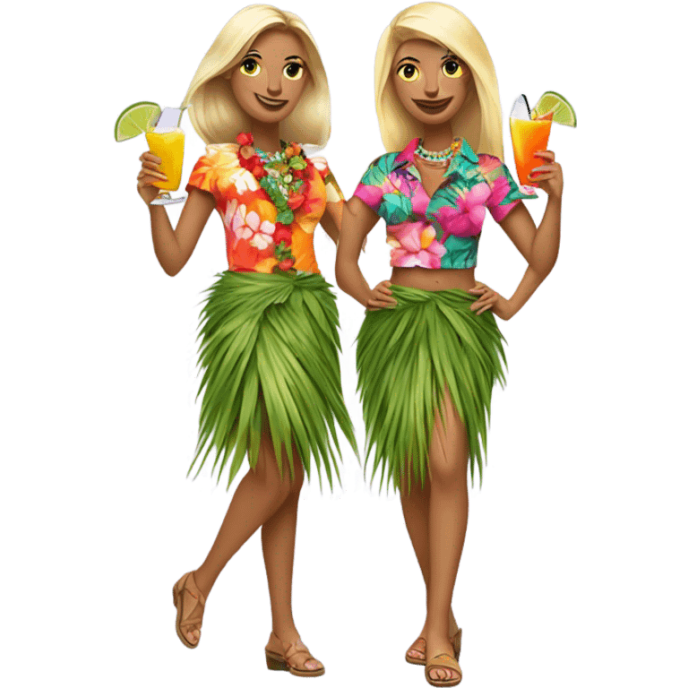 Two dancing blondes in Hawaiian clothes with cocktails emoji