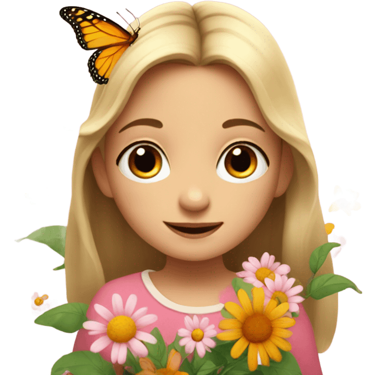 European little girl with butterfly and flowers emoji