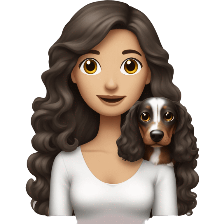 Brunette Woman holding Tri Merle long haired Dachshund   emoji