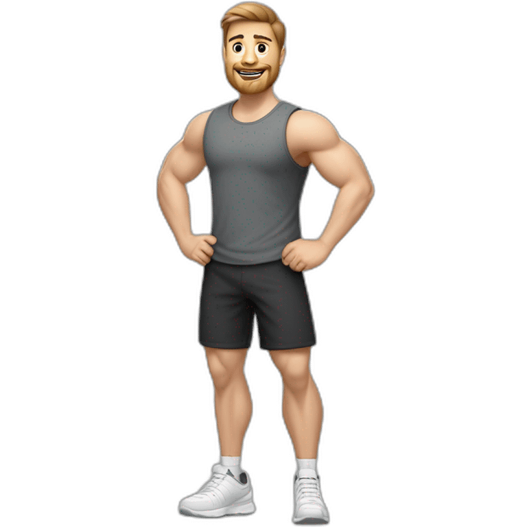 Full height realistic Actively gesturing with hands Pale skinned Fit Man With the biceps and brown hair in dark gray Sleeveless Mike, black oversize sports shorts, watch and white Sneakers emoji