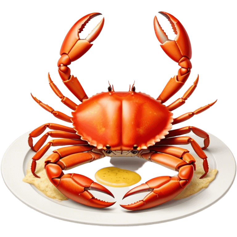 Cinematic rich crab legs, bright red shell glistening, cracked open to reveal tender white meat, warm golden highlights, detailed and delicious. emoji