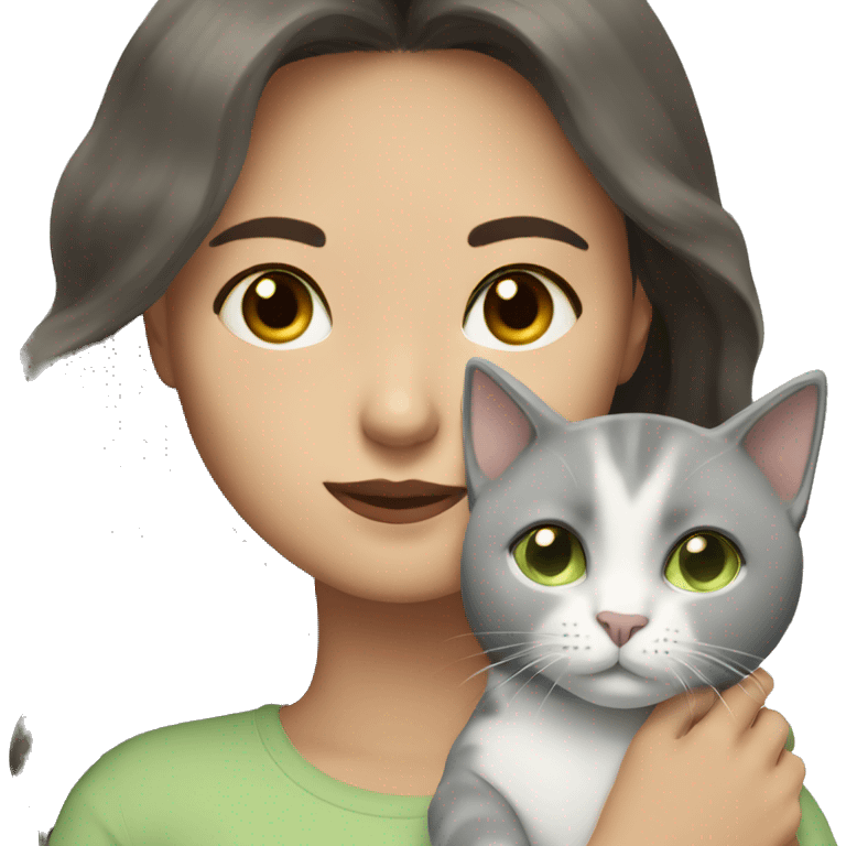  white woman with dark hair  and brown eyes cuddling grey cat with light green eyes  emoji