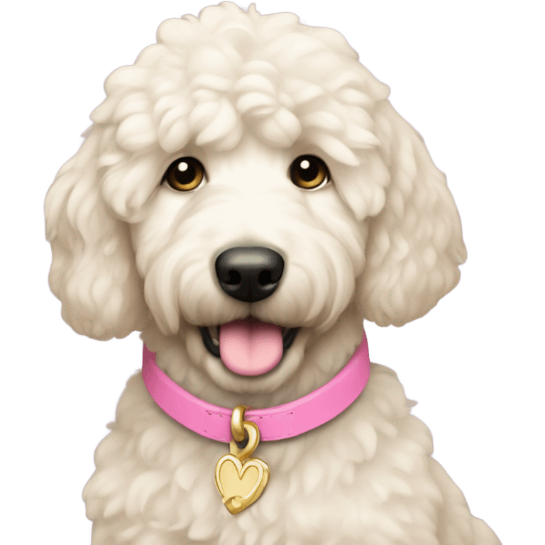 White cream mini golden doodle with pink collar princess emoji