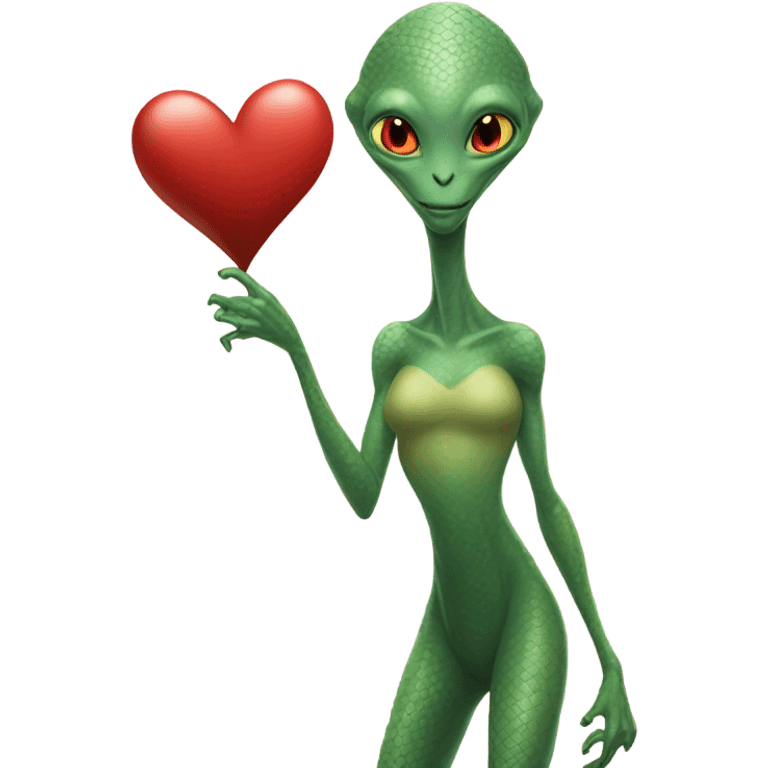 a Reptilian alien tall woman full body, holding big red heart emoji