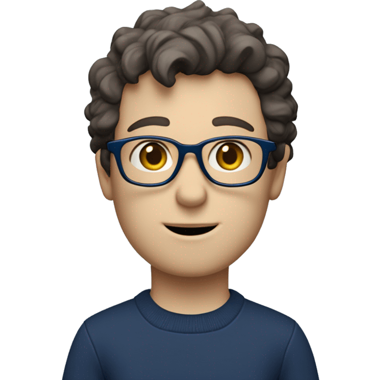 caucasian white boy with dark wavy  hair, blue glasses, and carrying design paper plan because he is an architect carrying a pencil and a set model maquette. wearing a navy blue long sleeve sweater shirt. smart.  emoji