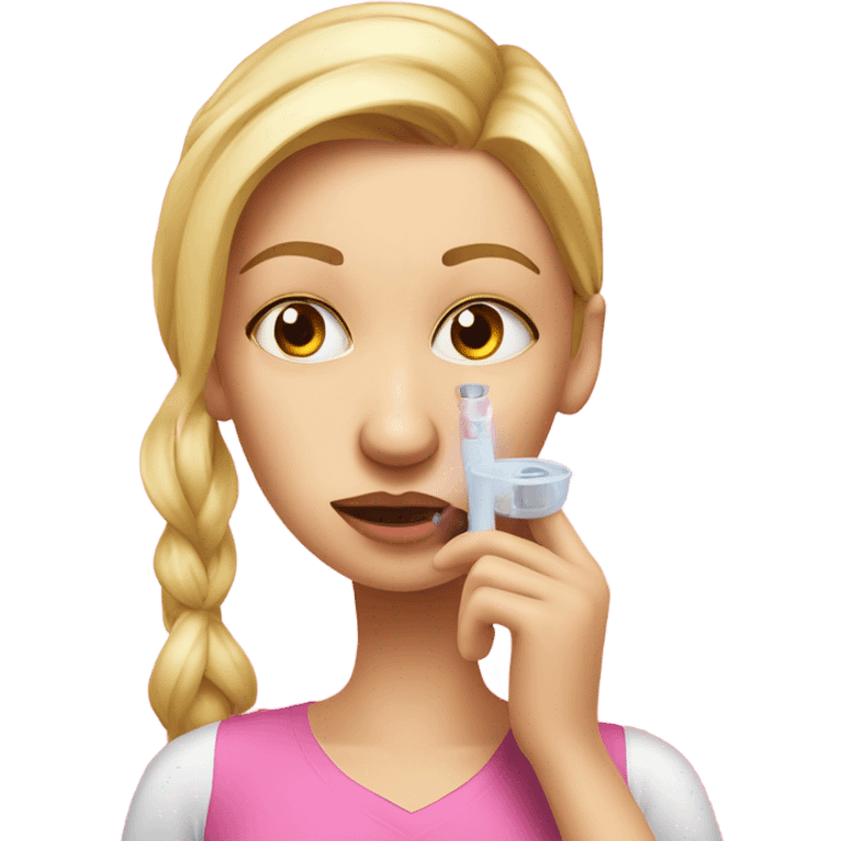 londe woman with fever taking temperature in ear , pink realistic emoji